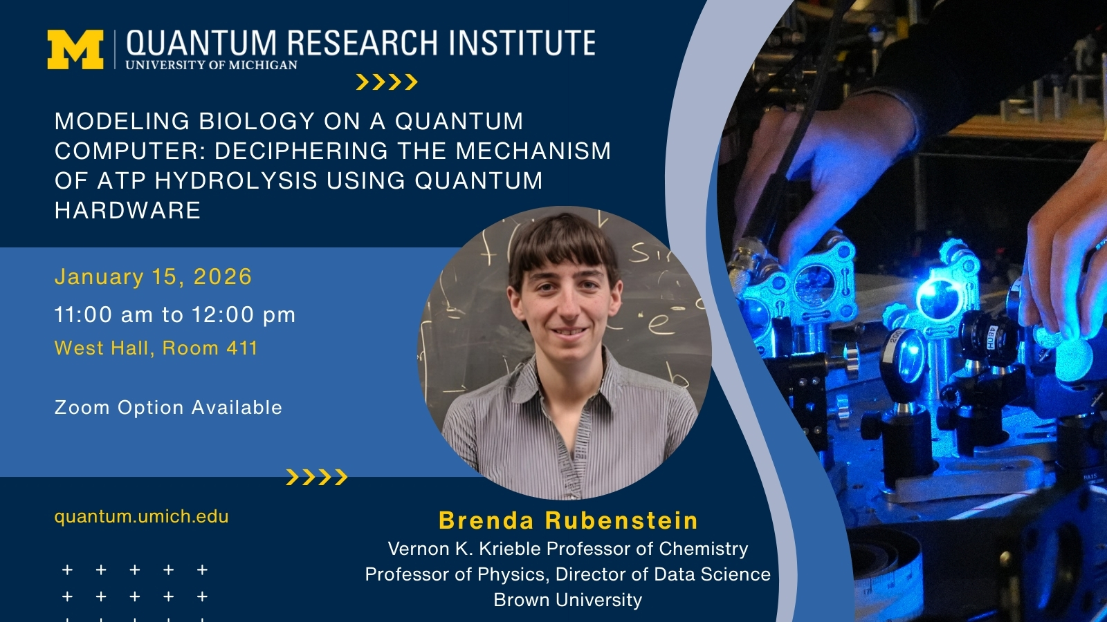 A digital flyer for a University of Michigan Quantum Research Institute event titled "Modeling Biology on a Quantum Computer: Deciphering the Mechanism of ATP Hydrolysis Using Quantum Hardware." The event is scheduled for January 15, 2026, from 11:00 am to 12:00 pm at West Hall, Room 411, with a Zoom option available. The featured speaker is Brenda Rubenstein, Vernon K. Krieble Professor of Chemistry, Professor of Physics, and Director of Data Science at Brown University. The flyer includes images of a person standing in front of a chalkboard with scientific equations and hands operating quantum lab equipment illuminated with blue light. The website quantum.umich.edu is displayed at the bottom.